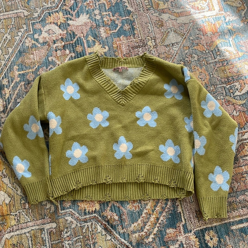 Bailey Rose Cropped Green/ Blue Floral Sweater